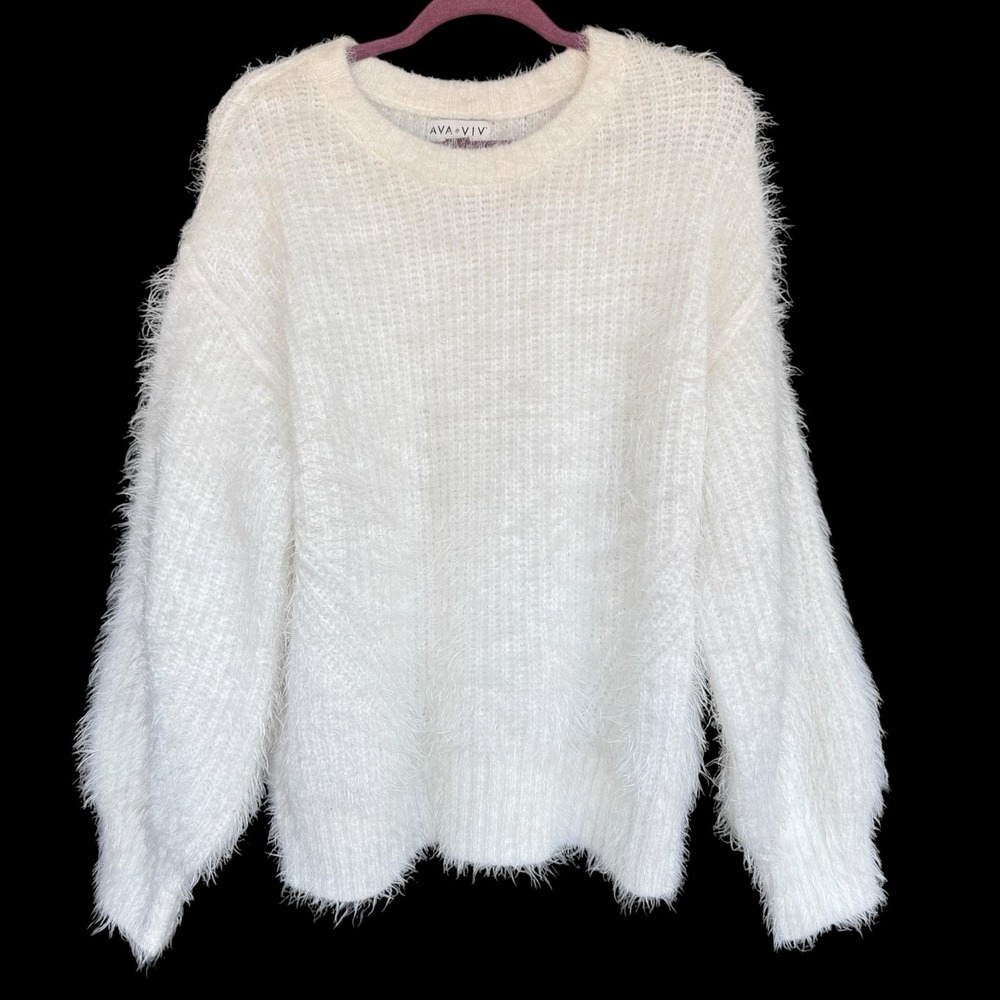 Ava & Viv Sweater Womens XXL White Fuzzy Eyelash Knit Pullover Chunky Cozy